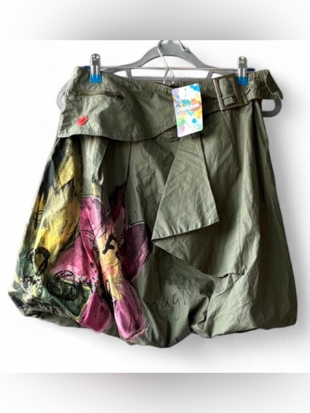 Desigual NWT Army Green Embellished Belted Cargo Style Knee Length Skirt Size 6